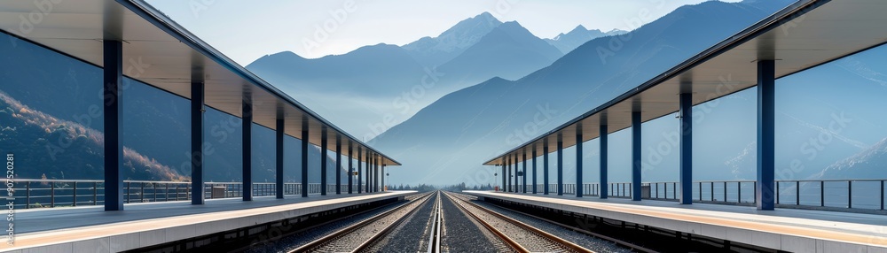 Naklejka premium modern train station platform with mountain view and track leading to the horizon.