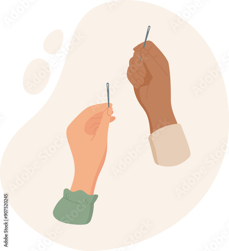 Hand hold needle, flat tailor tool illustration, hand drawn dressmaking supplies element, vector fashion decoration object, doodle sewing craft accessories design,