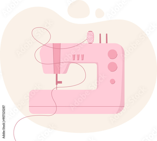 Sewing machine, hand drawn dressmaking supplies illustration, cartoon embroidery tool design, doodle sewing accessories object, vector tailor decoration element,