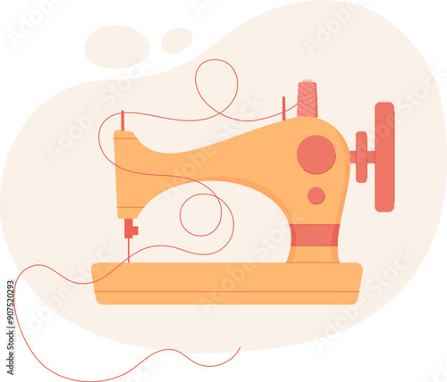 Sewing machine, hand drawn sewing tool illustration, cartoon dressmaking supplies design, vector tailor craft decoration element, doodle embroidery accessories object,