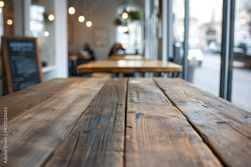 Wooden table in a cozy caf�� setting with warm lighting. Wooden table in a cozy caf�� setting with warm lighting.