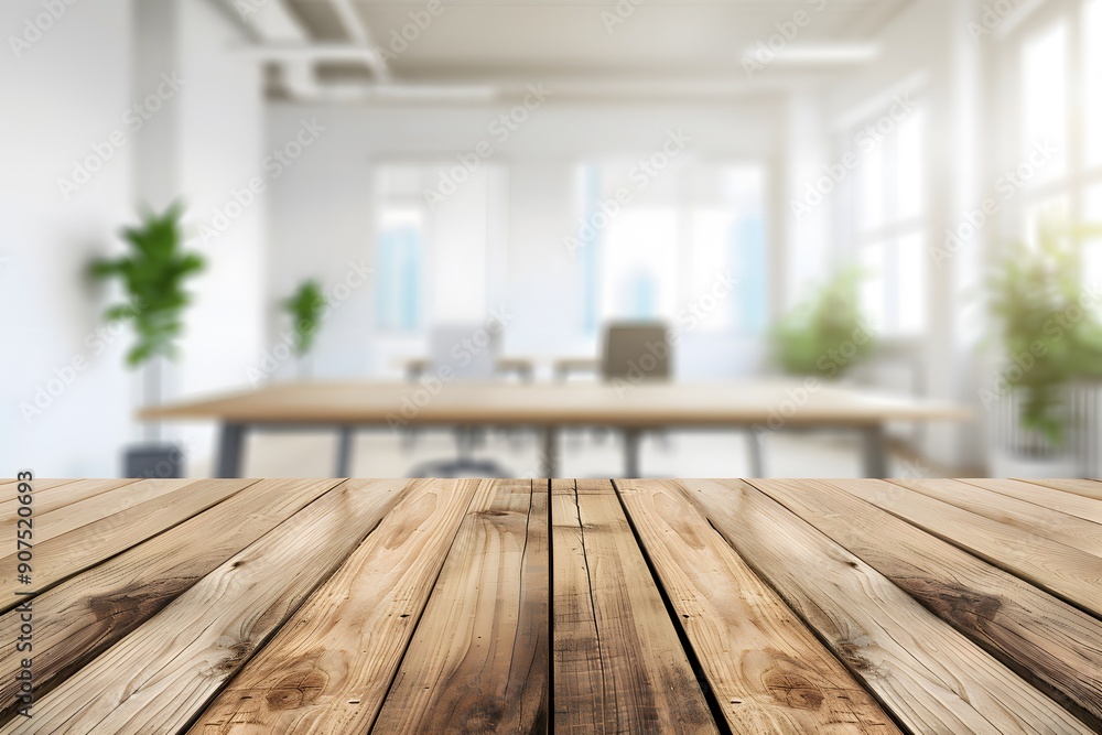 Wooden table in a bright, modern office space with plants. Wooden table in a bright, modern office space with plants.