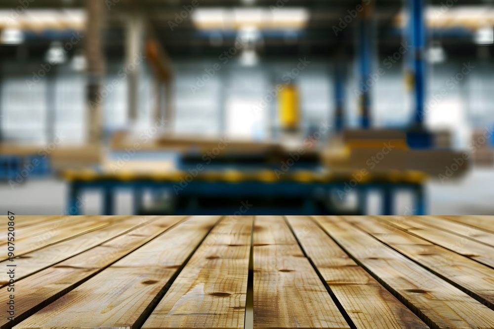 Blurred industrial workspace with a focus on wooden surface foreground. Blurred industrial workspace with a focus on wooden surface foreground.