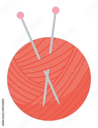 Knit yarn ball and needle sticker, flat crochet craft tool object, doodle tailor supplies element, cartoon dressmaking decoration illustration, vector knitting accessories design,