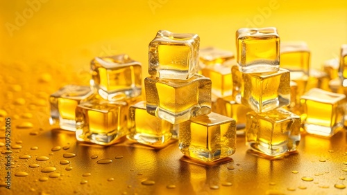 Crystalline Reflections: Transparent Ice Cubes on a Vibrant Yellow Canvas  AI generated photo