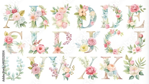 Blooming Watercolor Alphabet: A Delicate Floral Script  Generative AI