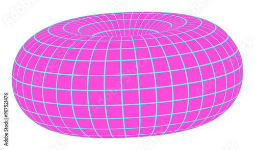 Y2k 3d mesh donut sticker, brutal art geometry grid structure symbol, cyber tech trendy mesh figure object, vaporwave neon net element graphic, 90s retro geometric wire frame shape icon.