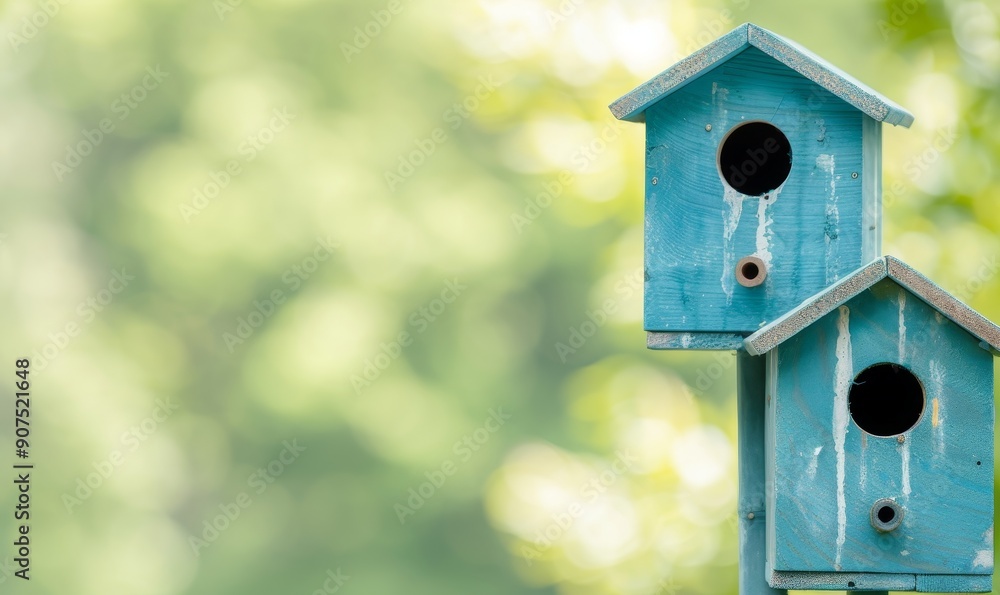 two rustic blue birdhouses on a wooden pole with a green blurred background for nature and wildlife photography two rustic blue birdhouses on a wooden pole with a green blurred background for nature and wildlife photography