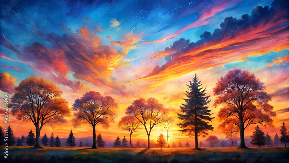Obraz premium Serene Sunset Symphony: A Watercolor Tapestry of Silhouetted Trees Generative AI