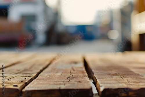 Close-up of textured wooden planks with a blurred industrial background.