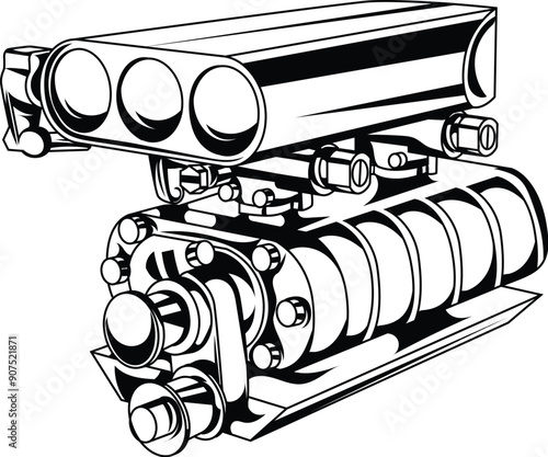 black and white line art vector illustration of racing car supercharger eps 10
