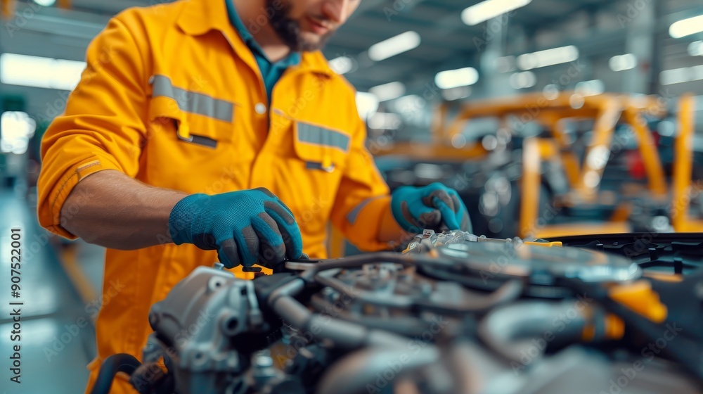 focused automotive mechanic working on car engine in factory assembly line - industrial maintenance and repair concept. focused automotive mechanic working on car engine in factory assembly line - industrial maintenance and repair concept.