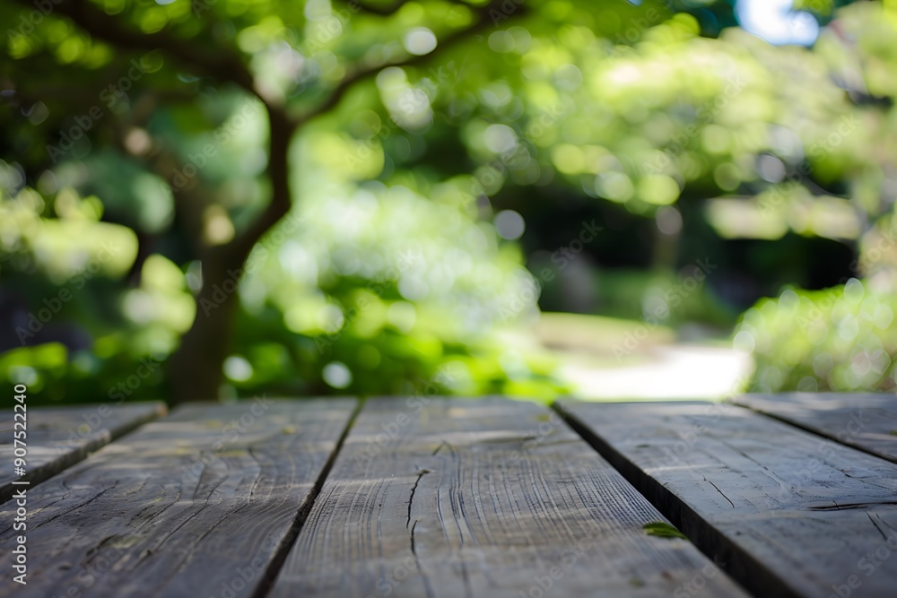 A serene wooden surface with blurred greenery in the background. A serene wooden surface with blurred greenery in the background.