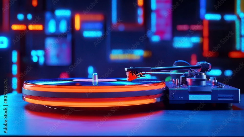 Vibrant Vinyl, Turntable with neon lights, Modern DJ Setup. Vibrant Vinyl, Turntable with neon lights, Modern DJ Setup.