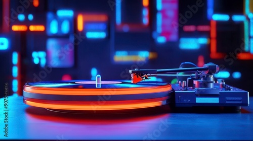 Wallpaper Mural Vibrant Vinyl, Turntable with neon lights, Modern DJ Setup. Torontodigital.ca