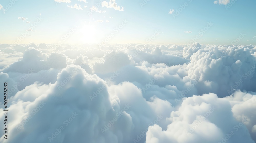 White fluffy clouds in a blue sky with sun shining through. White fluffy clouds in a blue sky with sun shining through.