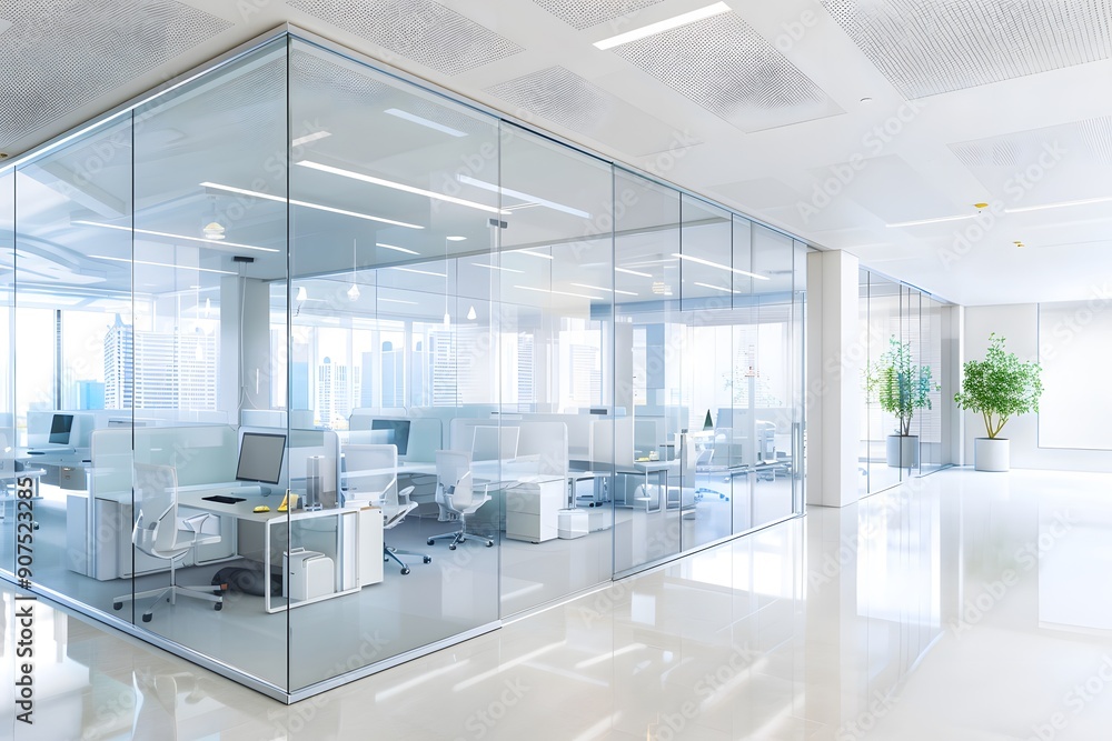 Modern glass-walled office space with bright, minimalistic design. Modern glass-walled office space with bright, minimalistic design.