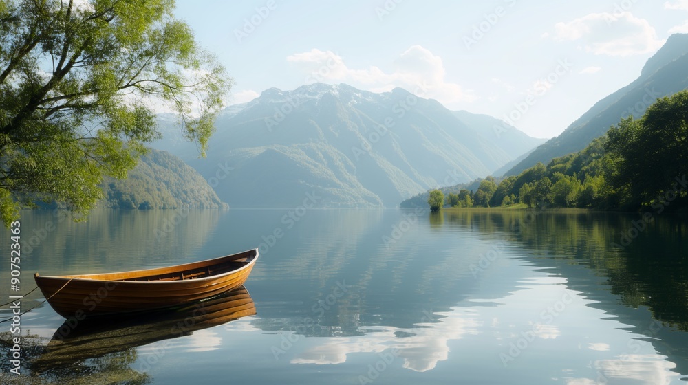 Serene Mountain Lake Retreat: A lone wooden boat rests on the glassy surface of a pristine alpine lake, majestic mountains reflecting in the tranquil waters. Serene Mountain Lake Retreat: A lone wooden boat rests on the glassy surface of a pristine alpine lake, majestic mountains reflecting in the tranquil waters.