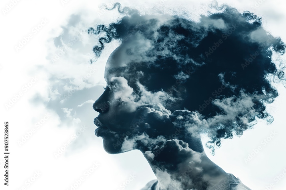 Young woman connecting with nature having clouds forming her hair Young woman connecting with nature having clouds forming her hair