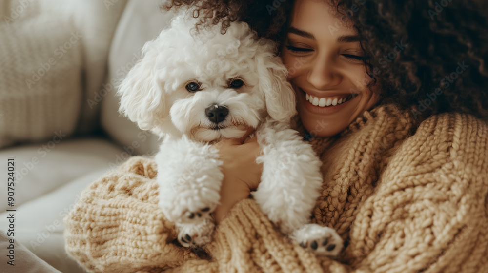 Smiling woman cuddling a fluffy white dog while relaxing on a comfortable couch, creating a warm and cozy atmosphere. Smiling woman cuddling a fluffy white dog while relaxing on a comfortable couch, creating a warm and cozy atmosphere.