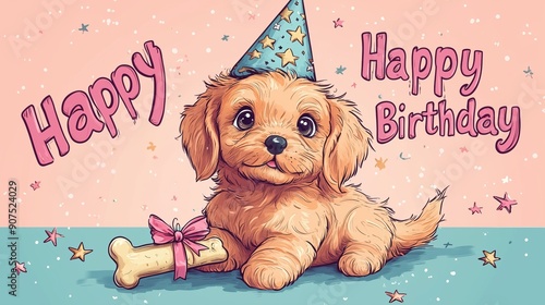Happy Birthday Celebration - Cheerful Cartoon Puppy with Bone Gift and Party Hat