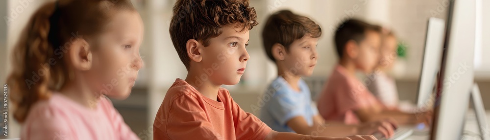 Children focused on computer screens, engaged in learning and creativity, showcasing modern education and tech integration. Children focused on computer screens, engaged in learning and creativity, showcasing modern education and tech integration.