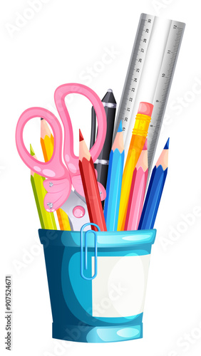 Pencil Holder with Colored Pencils, Ruler, Pen & Scissors - School Stationery Vector Art 
