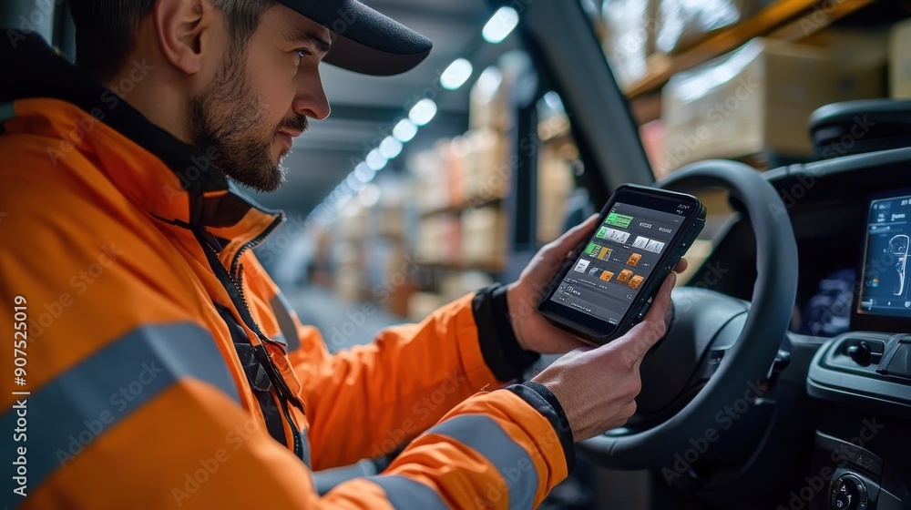 A delivery driver checks his route on a tablet while sitting in the cab of his truck. A delivery driver checks his route on a tablet while sitting in the cab of his truck.