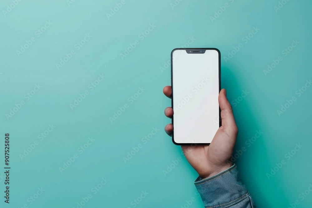 Man hand holding smartphone with white blank screen isolated on ...