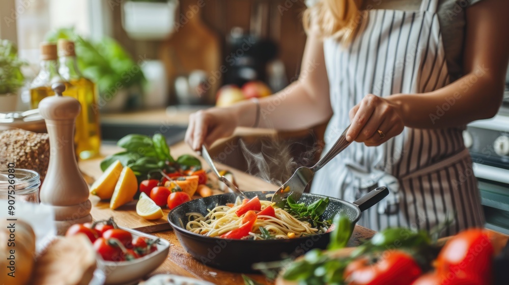 Woman cooking pasta with vegetables in the kitchen. Woman cooking pasta with vegetables in the kitchen.