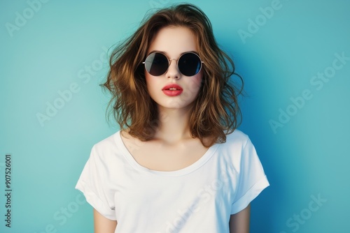 Wallpaper Mural A woman with short brown hair and sunglasses is standing in front of a blue wall. She is wearing a white shirt and a red lipstick. Concept of confidence and style Torontodigital.ca
