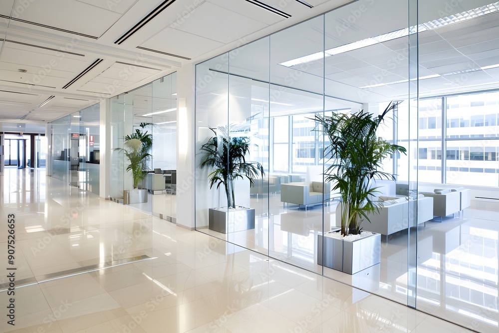 Modern office corridor with glass walls and indoor plants. Modern office corridor with glass walls and indoor plants.