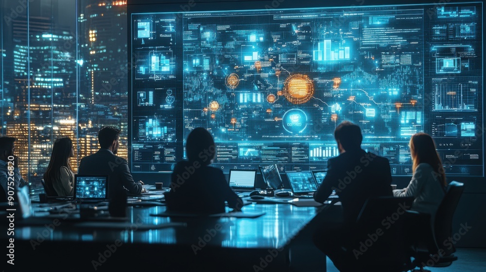 A team of professionals analyze data on a large screen in a futuristic setting. A team of professionals analyze data on a large screen in a futuristic setting.