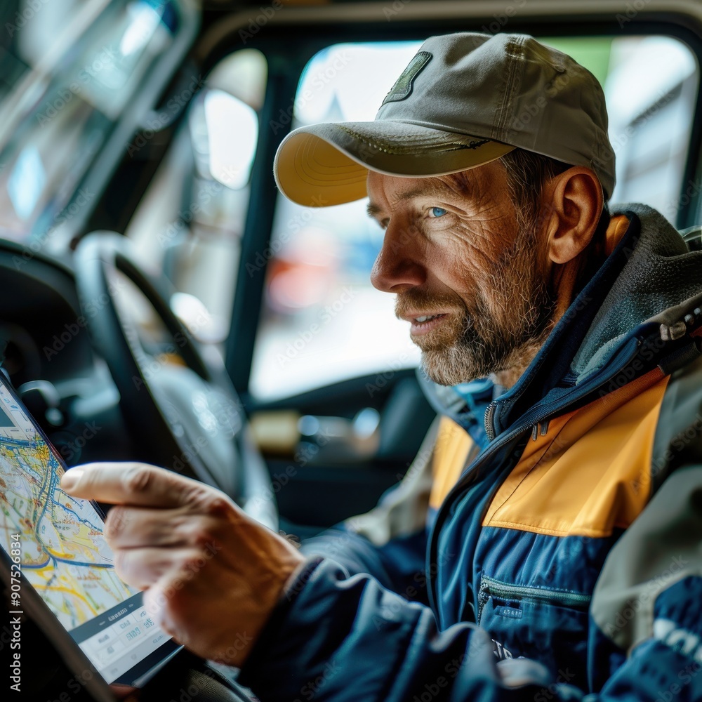 A truck driver in a blue jacket and cap carefully studies a map, navigating his route. A truck driver in a blue jacket and cap carefully studies a map, navigating his route.