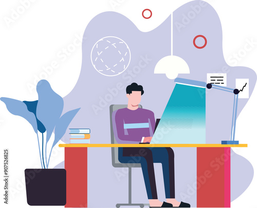 The boy is working on the laptop.