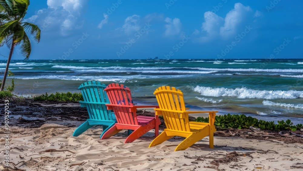 Colorful Beach Chairs Facing the Turquoise Ocean Colorful Beach Chairs Facing the Turquoise Ocean