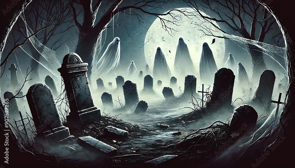 An eerie Halloween illustration of a graveyard with ancient tombstones and ghostly figures drifting among the graves. An eerie Halloween illustration of a graveyard with ancient tombstones and ghostly figures drifting among the graves.