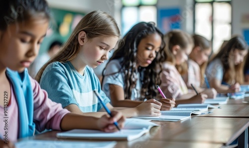 Education concept. Group of diverse preteen students writing school test, noting lesson in their copybooks, sitting at desks in classroom, Generative AI
