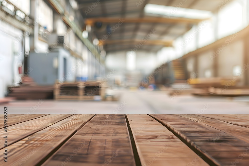Close-up of a wooden table surface in an industrial warehouse setting. Close-up of a wooden table surface in an industrial warehouse setting.