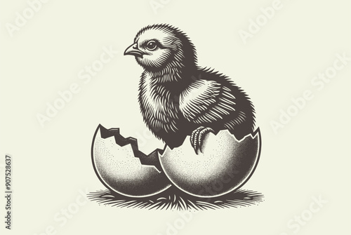 little cute chicken hatching from egg. Vintage old black engraving illustration, cut out, isolated object, print	