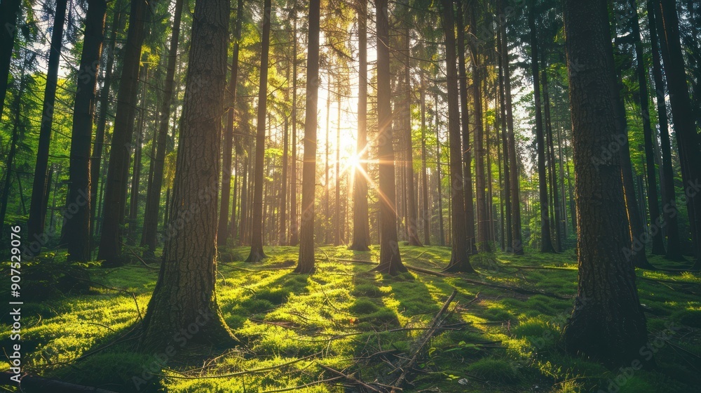 Sunlight Through the Trees in a Dense Forest. Sunlight Through the Trees in a Dense Forest.