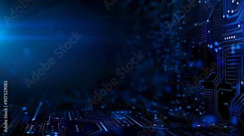 Abstract blue circuit board background with glowing dots and bokeh lights on dark black background, ideal for digital technology concept designs and modern electronic themes, highlighting connectivity