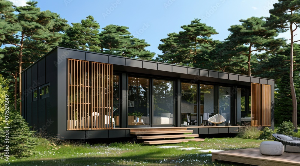 Modern Black Cabin in a Forest Setting Modern Black Cabin in a Forest Setting