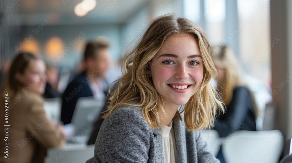 A smiling woman sitting at an office desk, with other people in the background working on laptops and writing notes A smiling woman sitting at an office desk, with other people in the background working on laptops and writing notes
