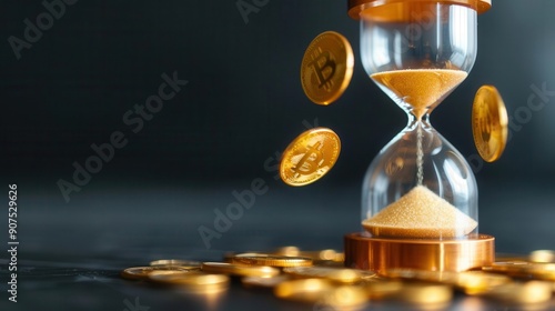 Golden hourglass with coins falling, investing, time is money concept photo