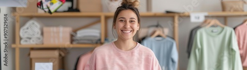 Portrait of a smiling woman standing in a clothing store with various garments and shelves in the background.