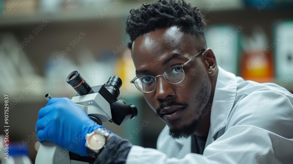 African American scientist using microscope in lab African American scientist using microscope in lab