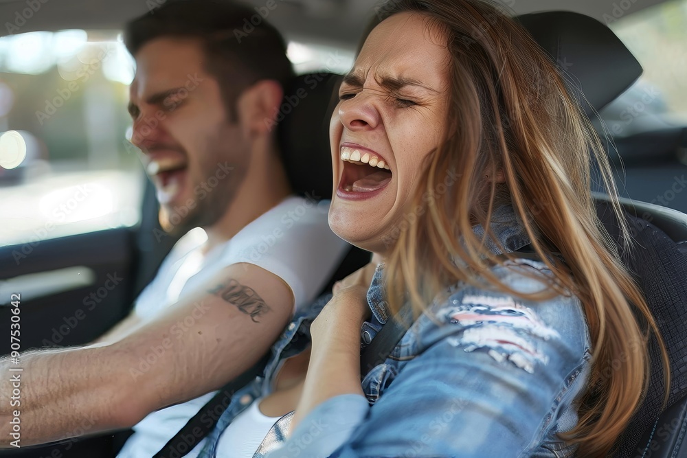 Shouting pregnant woman feeling pain and contractions, lady grabbing her husband's shoulder while man driving car, Generative AI Shouting pregnant woman feeling pain and contractions, lady grabbing her husband's shoulder while man driving car, Generative AI