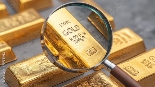 Examining Authenticity: Close-up of Gold Bars Under Magnifying Glass Revealing Fine Details, Generative Ai