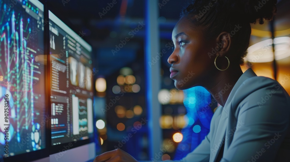 Dark women use the concept of digital technology in the office, demonstrating their excellent performance and advanced technological insight in the workplace. Dark women use the concept of digital technology in the office, demonstrating their excellent performance and advanced technological insight in the workplace.